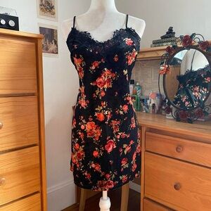 Floral Black Velvet Lace Trim Mini Slip Dress